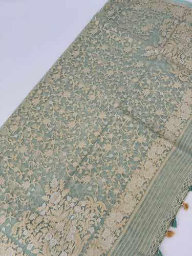Silk Organza Saree | Light Sea Green | Gold & Silver Zari | Handwoven | Ships from California